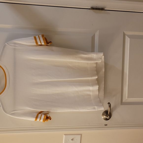 Just reduced! New York&Company Mustard and White Short Sleeve Sweater and Skirt - Picture 2 of 8